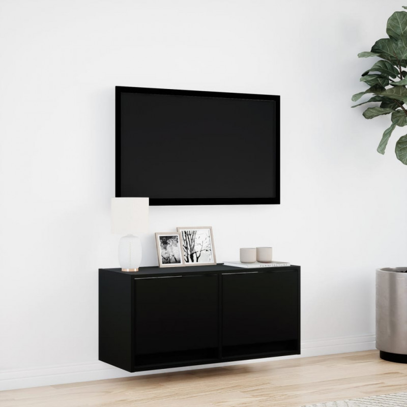 Ścienna szafka TV z LED, czarna, 80x31x35 cm