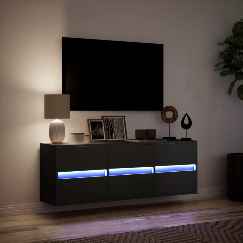 Ścienna szafka TV z LED, czarna, 130x31x45 cm