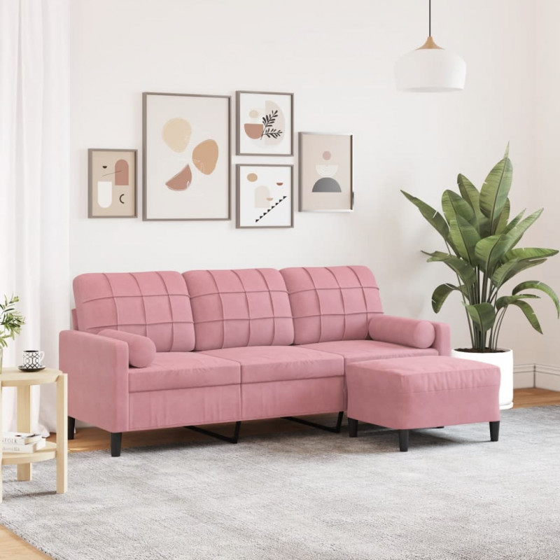 3-osobowa sofa z podnóżkiem, różowa, 180 cm, aksamitem