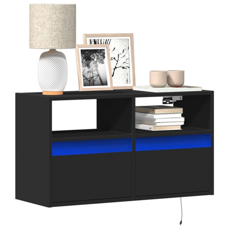Ścienna szafka TV z LED, czarna, 80x31x45 cm