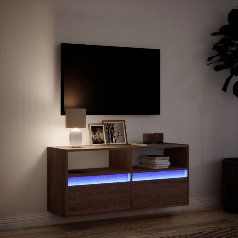 Ścienna szafka TV z LED, brązowy dąb, 100x31x45 cm