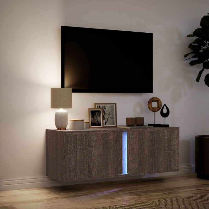Ścienna szafka TV z LED, brązowy dąb, 100x31x35 cm