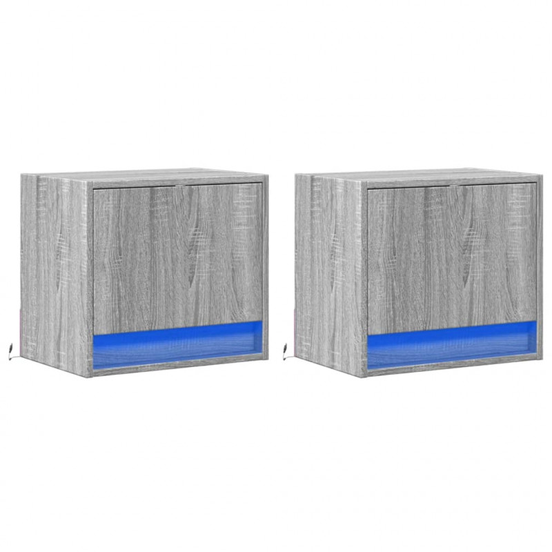 Wiszące szafki nocne z LED, 2 szt., szary dąb sonoma