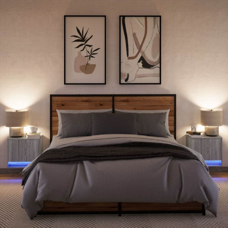 Wiszące szafki nocne z LED, 2 szt., szary dąb sonoma