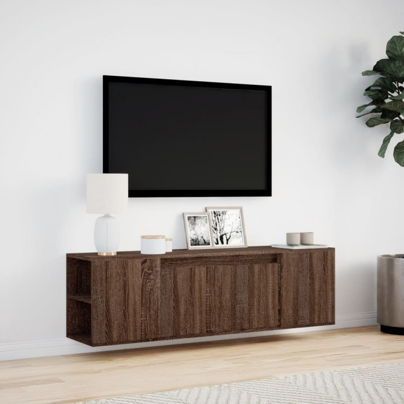 Ścienna szafka TV z LED, brązowy dąb, 135x31x39,5 cm