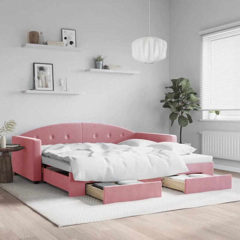 Sofa rozsuwana z szufladami, różowa, 100x200 cm, aksamit