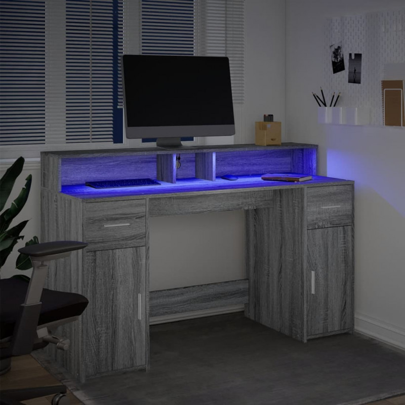 Biurko z podświetleniem LED, szary dąb sonoma, 140x55x91 cm