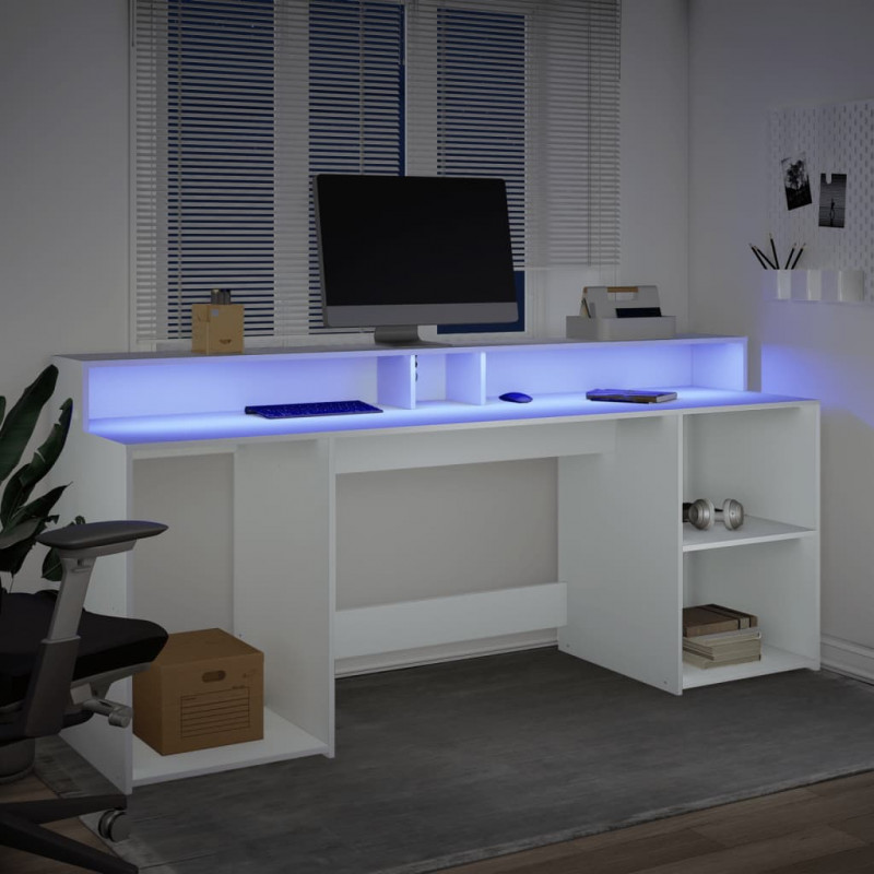 Biurko z podświetleniem LED, białe, 200x55x91 cm