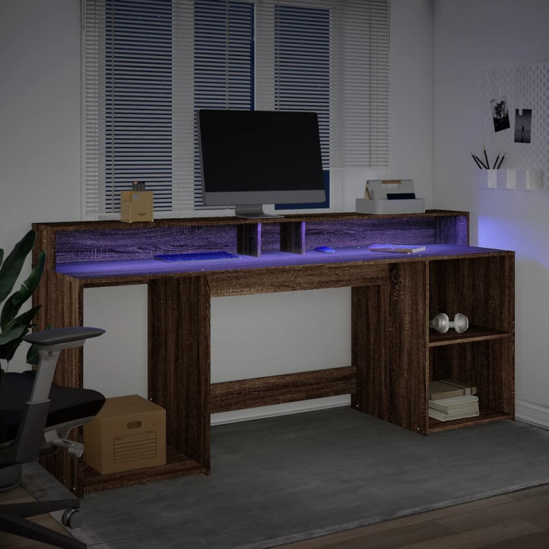 Biurko z podświetleniem LED, brązowy dąb, 200x55x91 cm