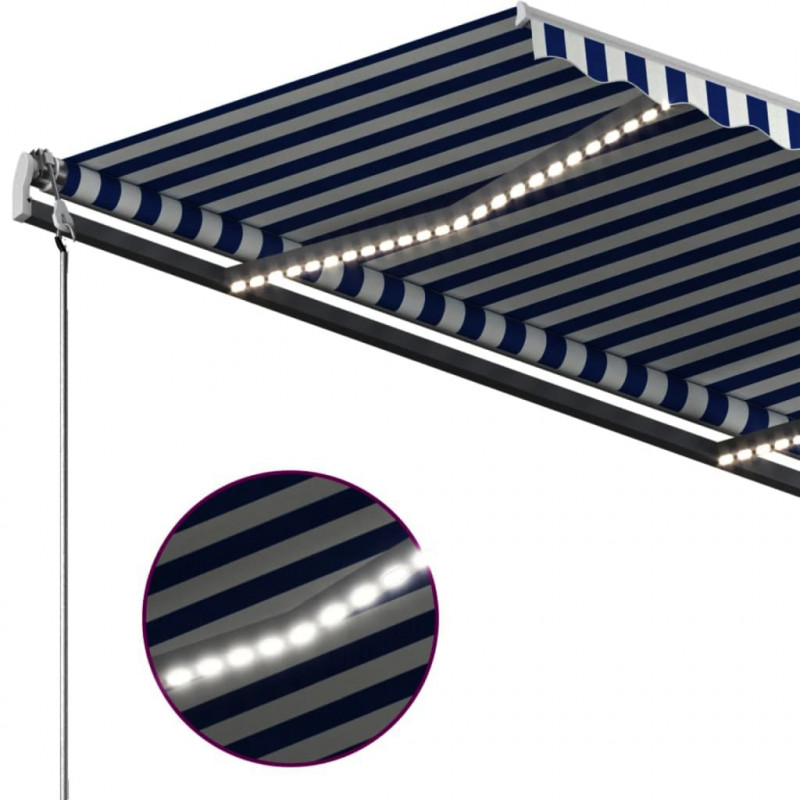Ręcznie zwijana markiza z LED, 300 x 250 cm, niebiesko-biała
