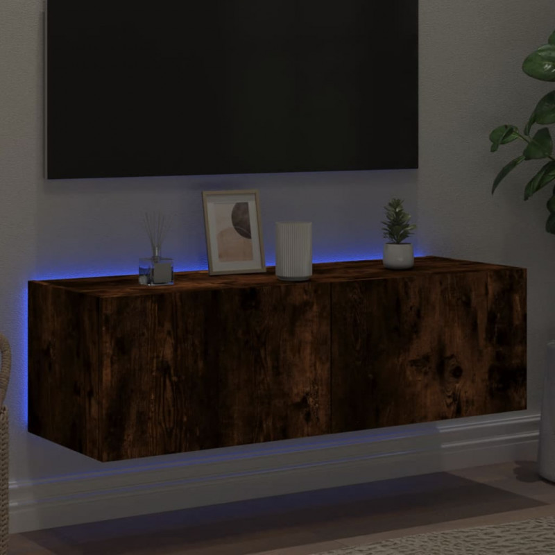 Ścienna szafka TV z LED, przydymiony dąb, 100x35x31 cm