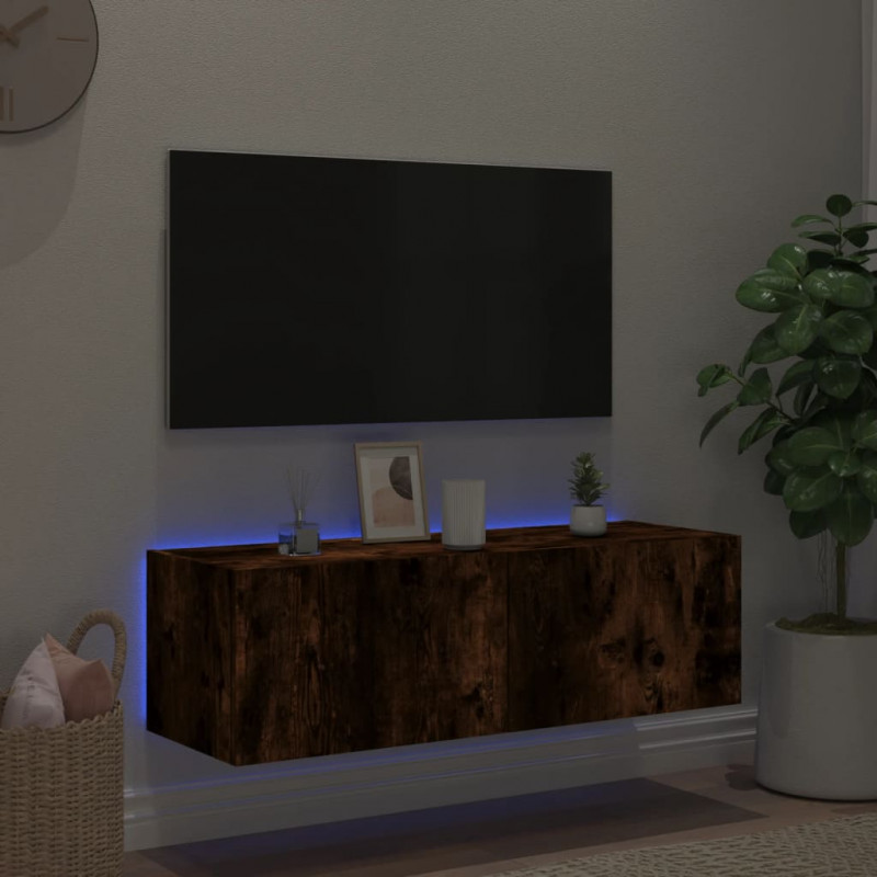 Ścienna szafka TV z LED, przydymiony dąb, 100x35x31 cm