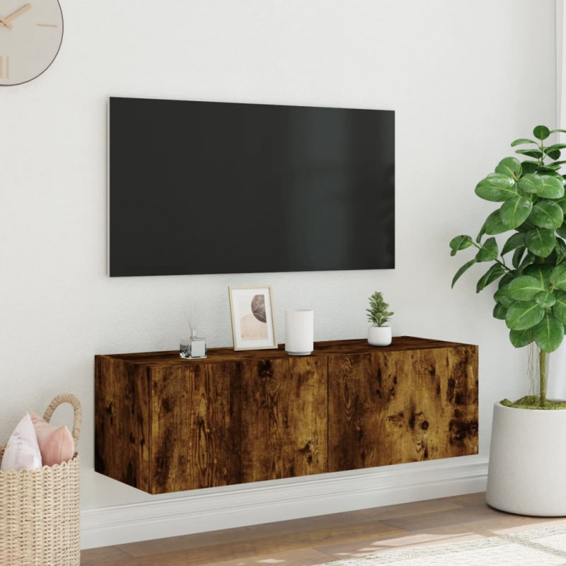 Ścienna szafka TV z LED, przydymiony dąb, 100x35x31 cm