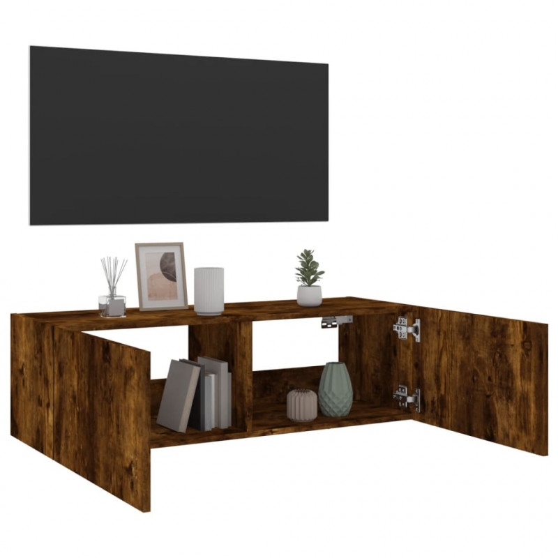 Ścienna szafka TV z LED, przydymiony dąb, 100x35x31 cm