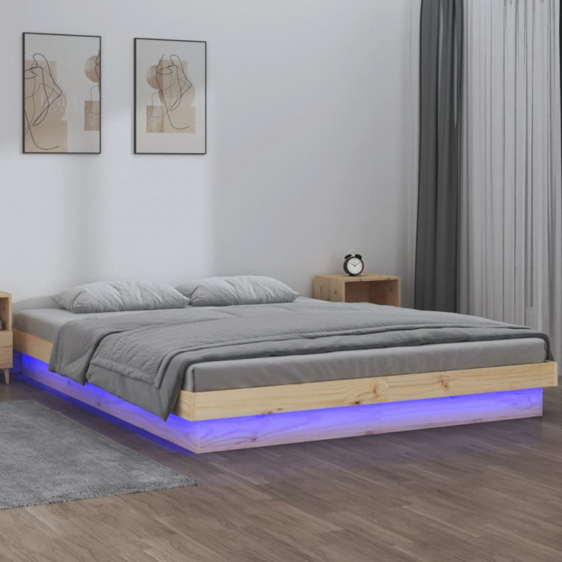 Rama łóżka z LED, 140x190 cm, lite drewno