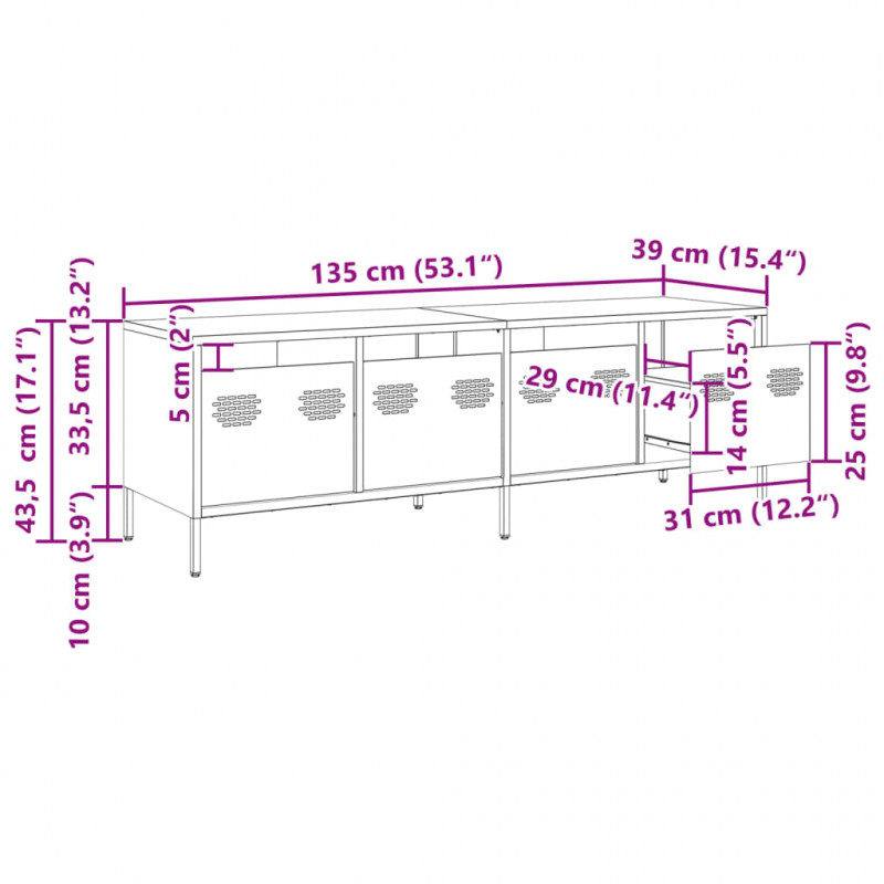 Szafka RTV, oliwkowa, 135x39x43,5 cm, stal walcowana na zimno