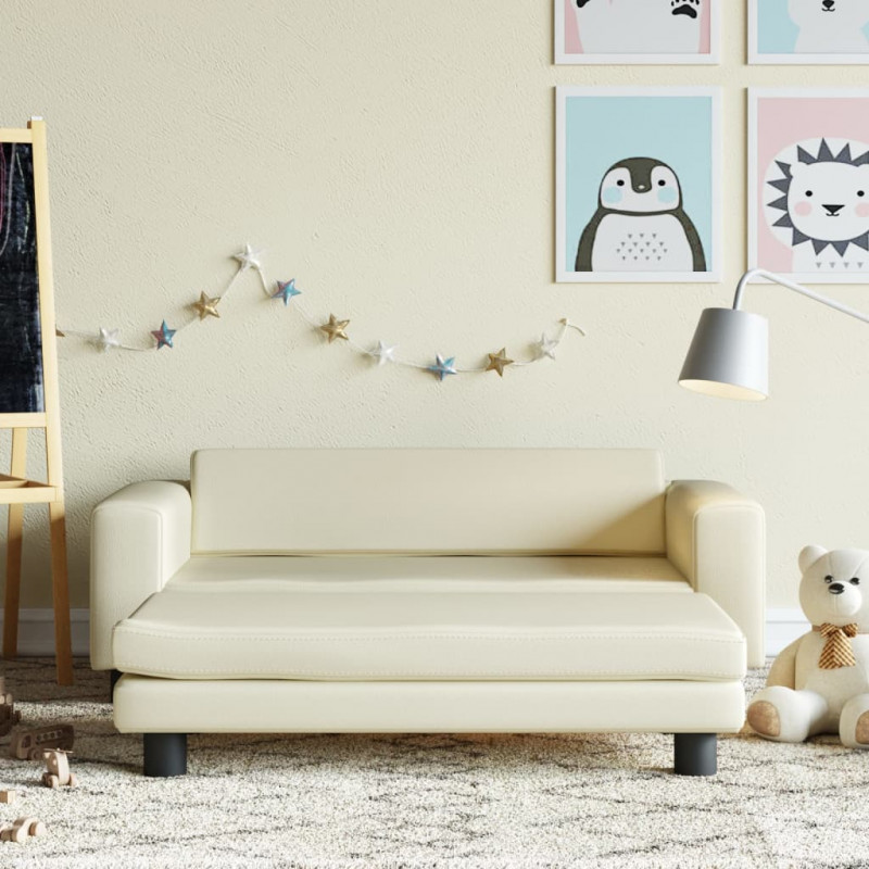 Sofa dziecięca z podnóżkiem, kremowa, 100x50x30 cm, ekoskóra