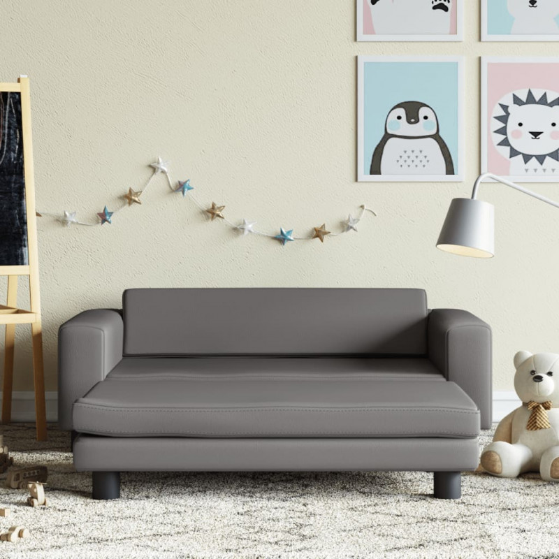 Sofa dziecięca z podnóżkiem, szara, 100x50x30 cm, ekoskóra