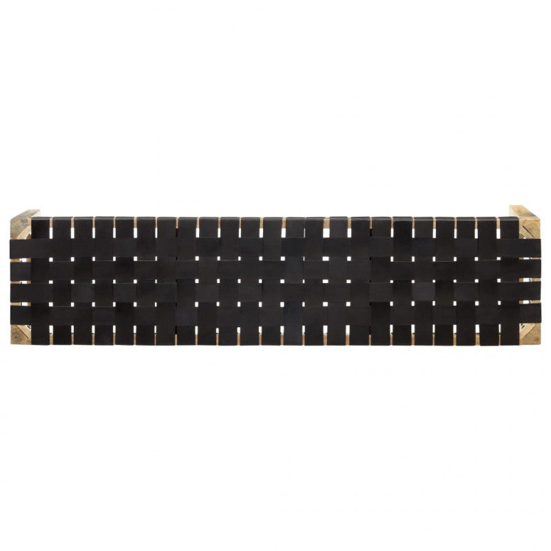 Ławka, 150 cm, czarna,  skóra naturalna i lite drewno mango