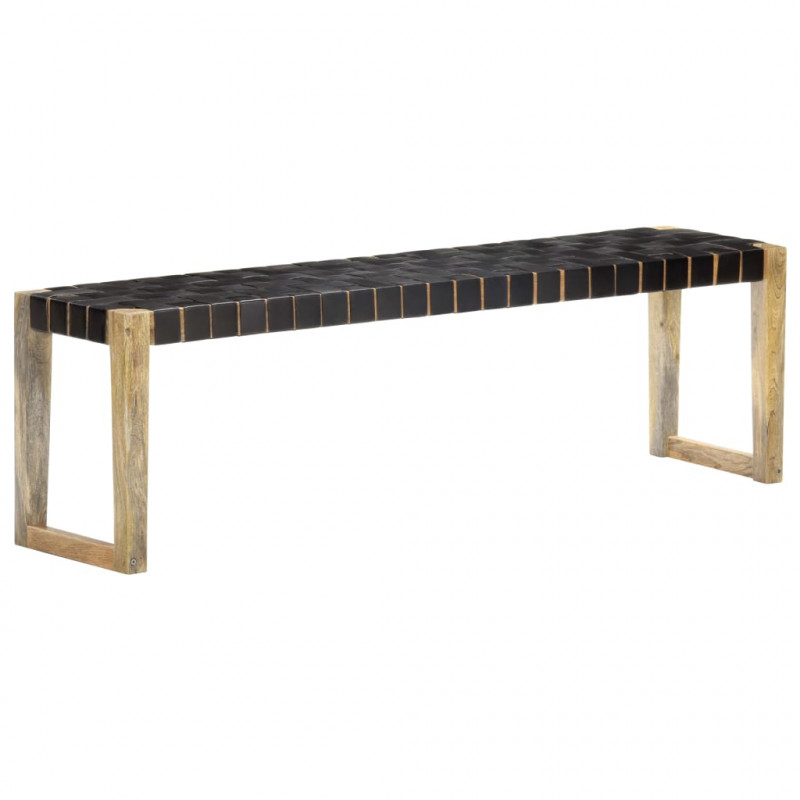Ławka, 150 cm, czarna,  skóra naturalna i lite drewno mango