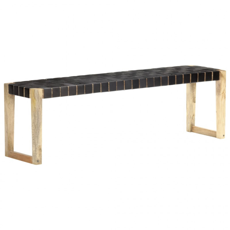 Ławka, 150 cm, czarna,  skóra naturalna i lite drewno mango