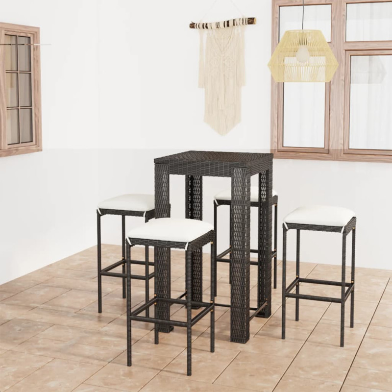 5-cz. zestaw mebli barowych z poduszkami, rattan PE, czarny