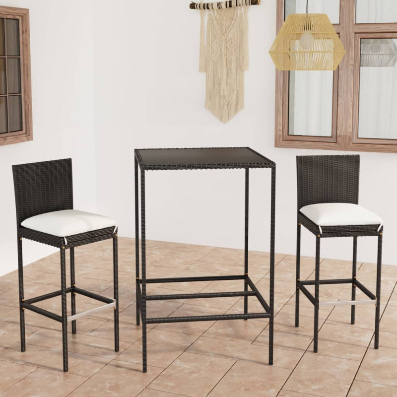 3-cz. zestaw barowy do ogrodu, z poduszkami, rattan PE, czarny