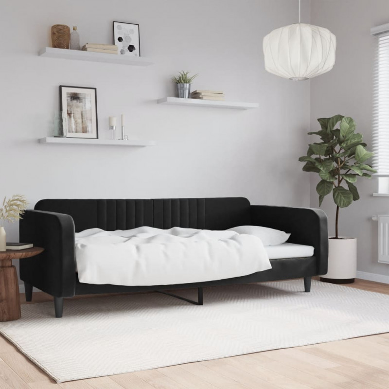 Sofa z funkcją spania, czarna, 90x190 cm, obita aksamitem