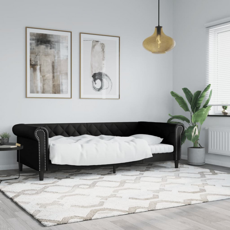 Sofa z funkcją spania, czarna, 90x200 cm, obita sztuczną skórą