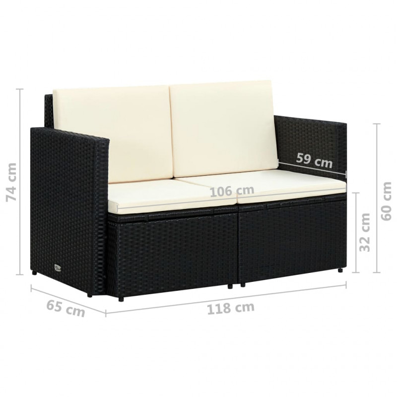 2-osobowa sofa ogrodowa z poduszkami, polirattan, czarna