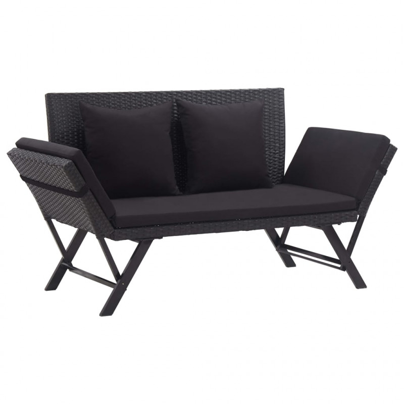 Ławka ogrodowa z poduszkami, 176 cm, czarna, polirattan