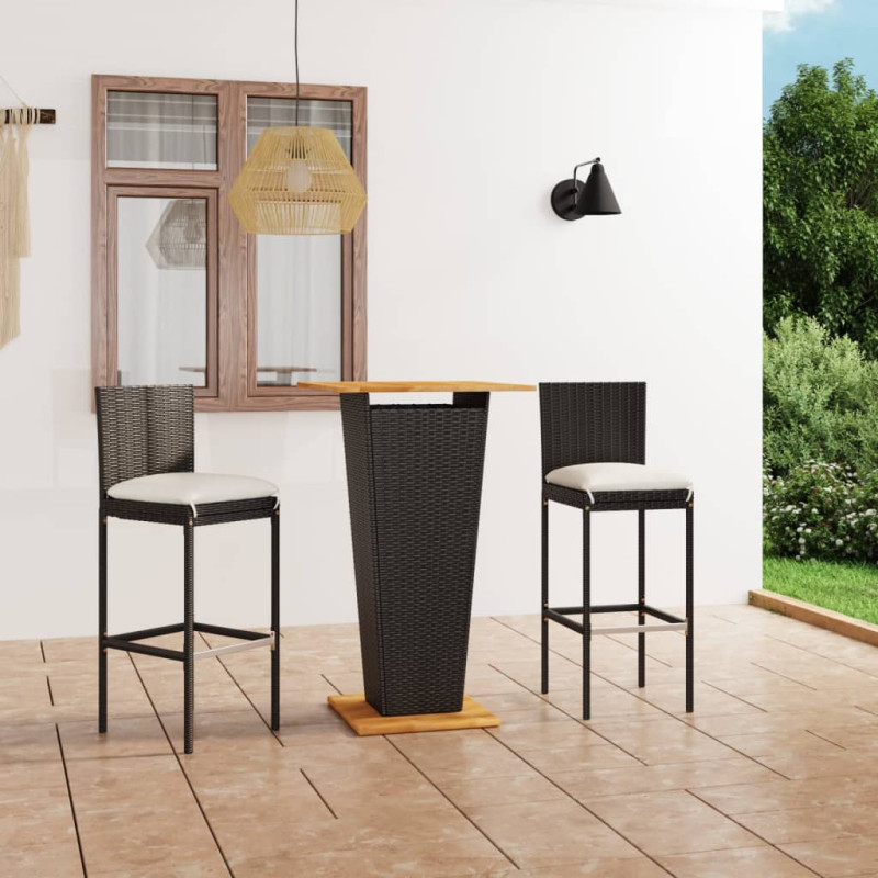 3-cz. zestaw barowy do ogrodu, z poduszkami, rattan PE, czarny