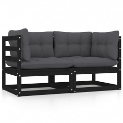 2-osobowa sofa ogrodowa z poduszkami, czarna, drewno sosnowe