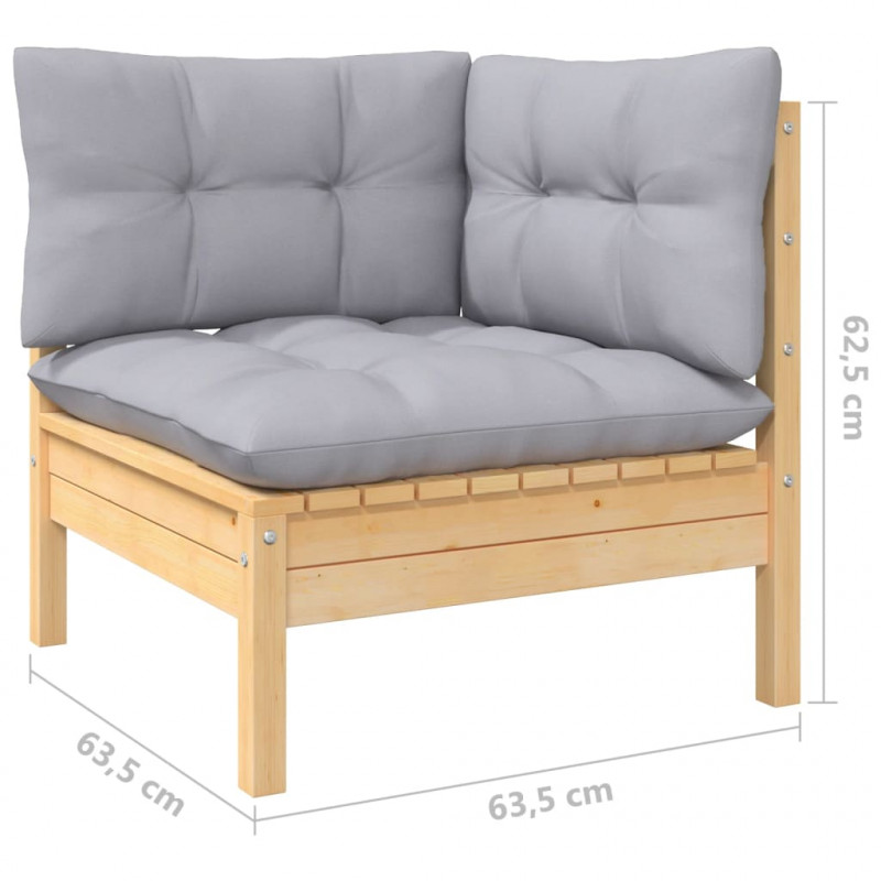 2-osobowa sofa ogrodowa z szarymi poduszkami, drewno sosnowe