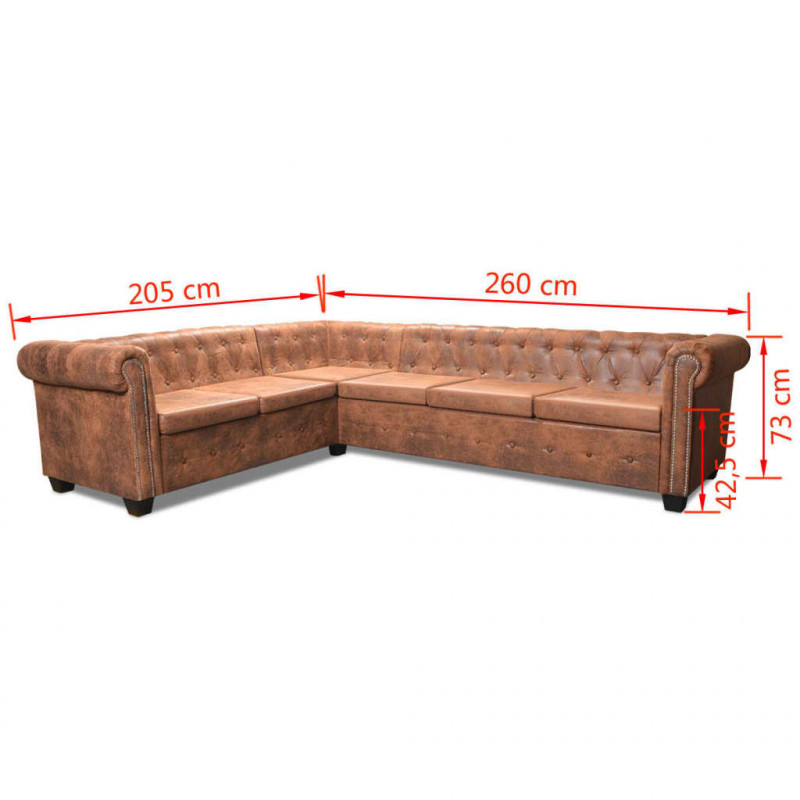 Sofa rogowa Chesterfield sześcioosobowa brązowa, sztuczna skóra