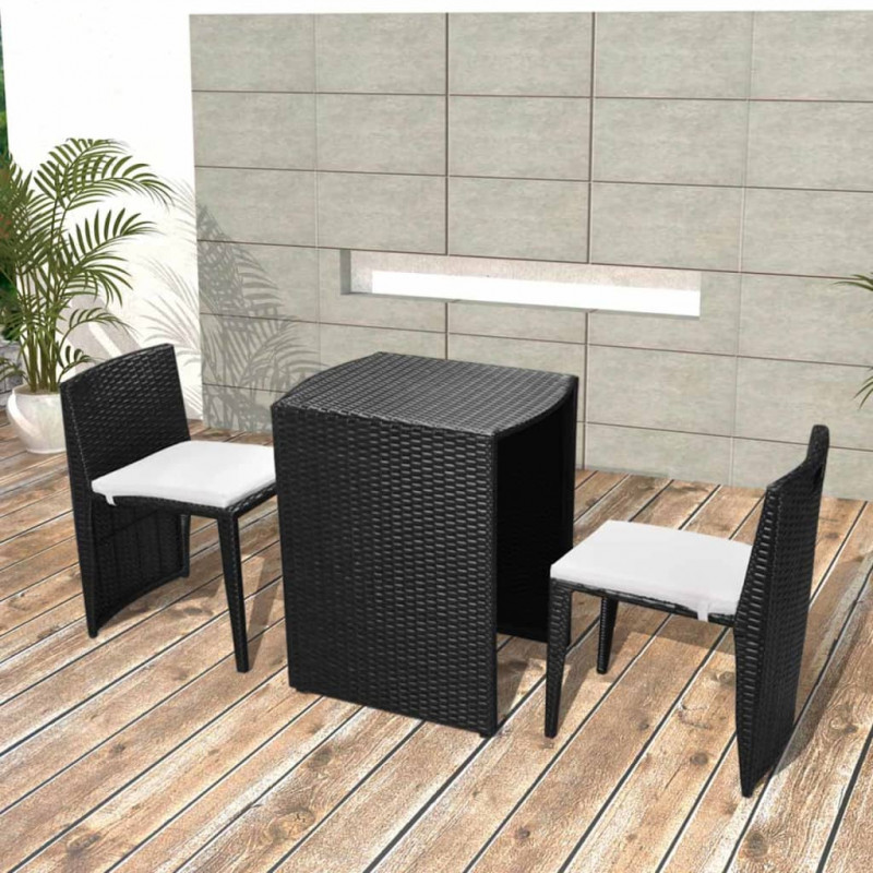3-cz. zestaw mebli bistro z poduszkami, rattan PE, czarny