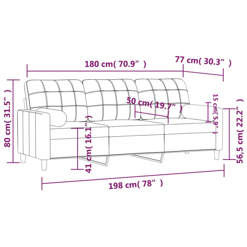 3-osobowa sofa z poduszkami, czarna, 180 cm, tkanina