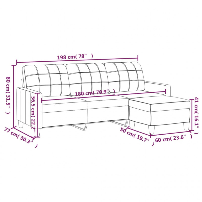 3-osobowa sofa z podnóżkiem, szary, 180 cm, sztuczna skóra