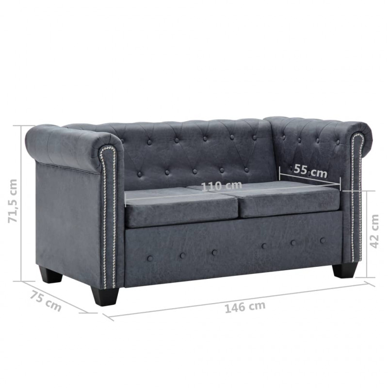 Sofa 2-osobowa w stylu Chesterfield, sztuczny zamsz, szara