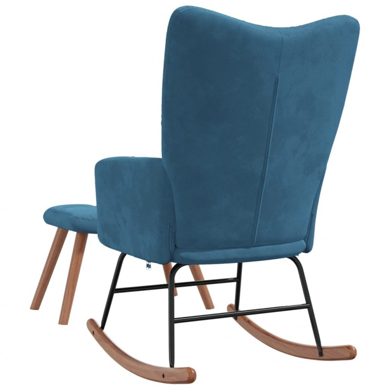 Fotel bujany z podnóżkiem, niebieski, obity aksamitem
