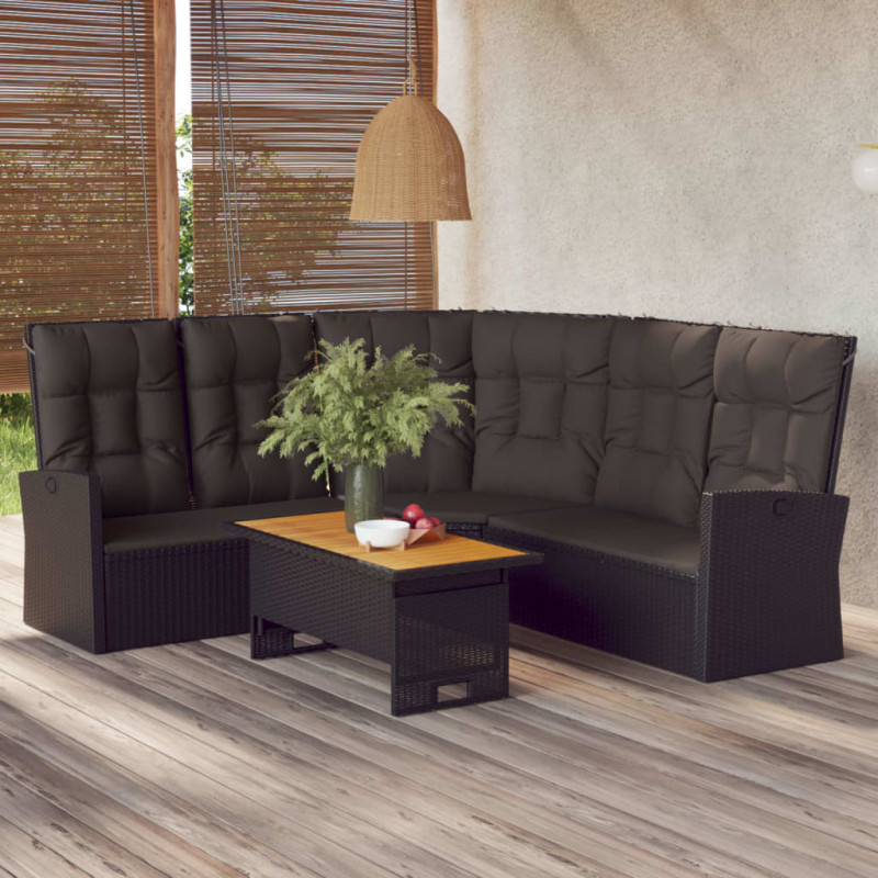 Rozkładana sofa narożna z poduszkami, czarna, polirattan