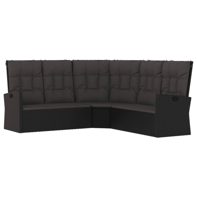 Rozkładana sofa narożna z poduszkami, czarna, polirattan