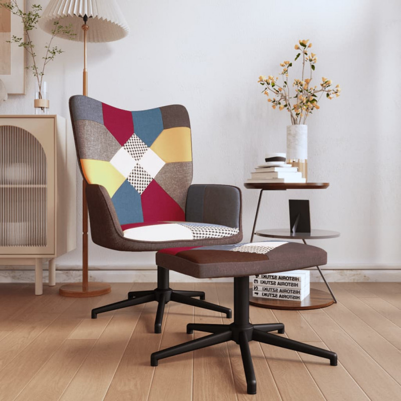 Fotel z podnóżkiem, patchwork, obity tkaniną