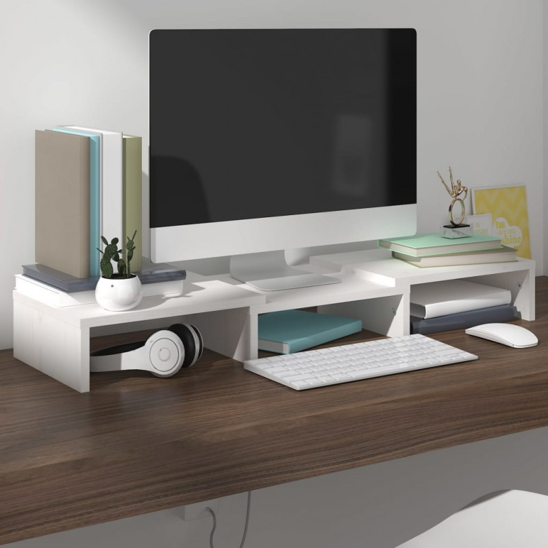 Podstawka na monitor, biała, 60x24x10,5 cm, lite drewno sosnowe