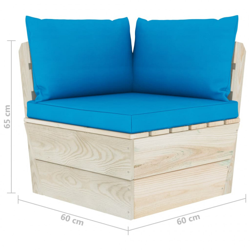 Ogrodowa sofa narożna z palet z poduszkami, impregnowany świerk