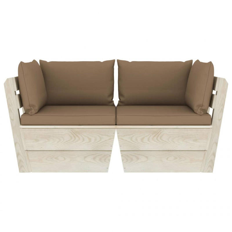 Ogrodowa sofa 2-osobowa z palet, z poduszkami, drewno świerkowe
