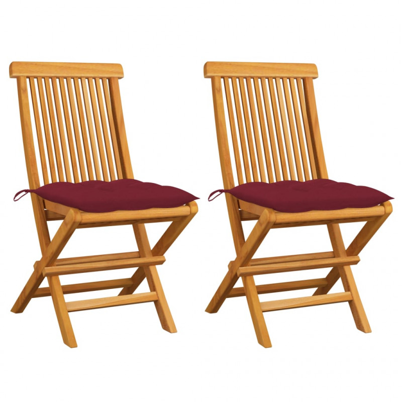 Krzesła ogrodowe z poduszkami w kolorze wina, 2 szt., tekowe