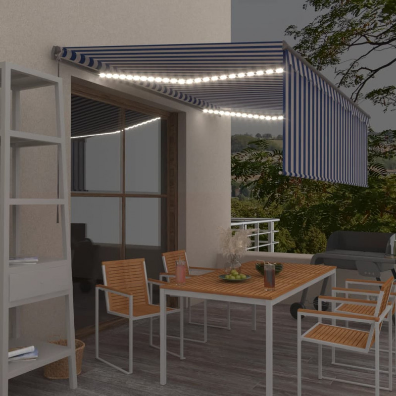 Ręcznie zwijana markiza z zasłoną i LED, 4x3 m, niebiesko-biała