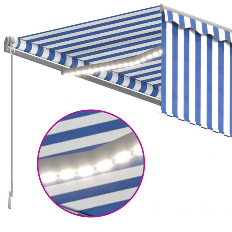 Ręcznie zwijana markiza z zasłoną i LED, 4x3 m, niebiesko-biała