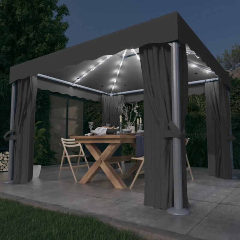 Altana z zasłonami i sznurem lampek LED, 3x3 m, antracytowa